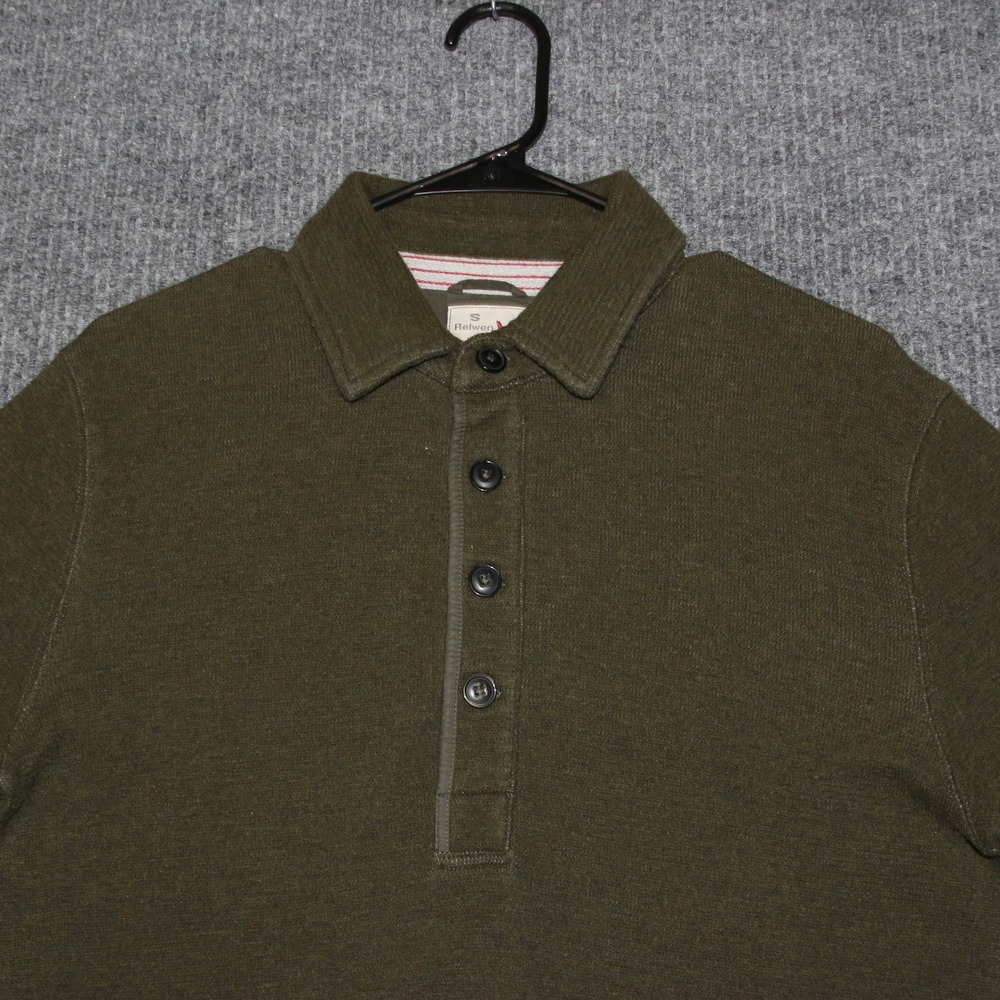 Relwen Polo Shirt Mens S Green Olive Long Sleeve Quarter Button Up Cotton